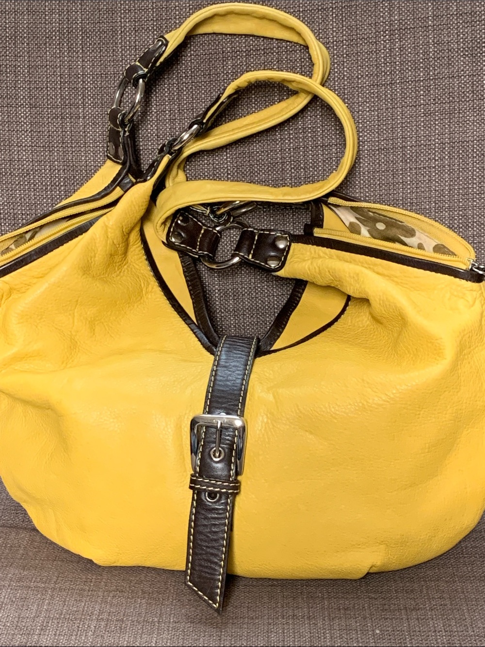 Nino Bossi Soft Yellow Leather Hobo Bag with interior floral pattern